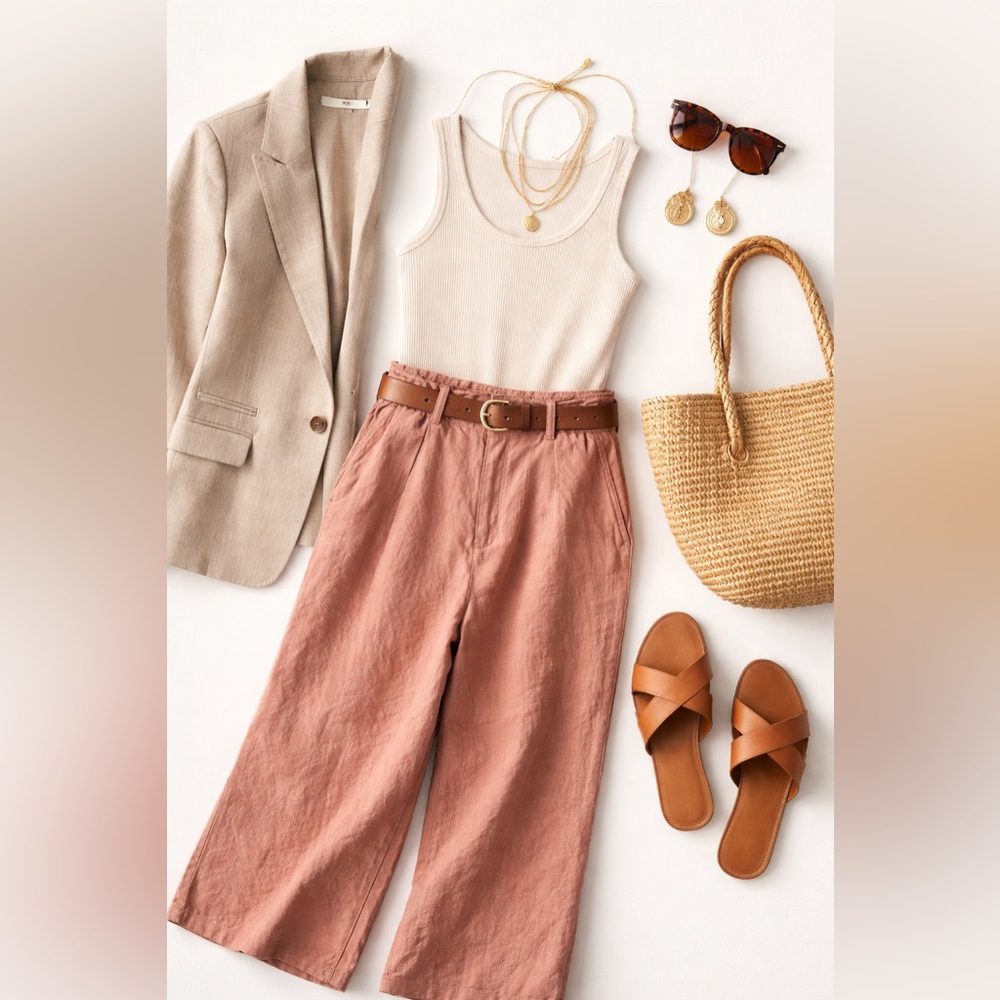 NWT Nicole Miller 100% Linen Pleated Straight Boho Wide Leg Pants